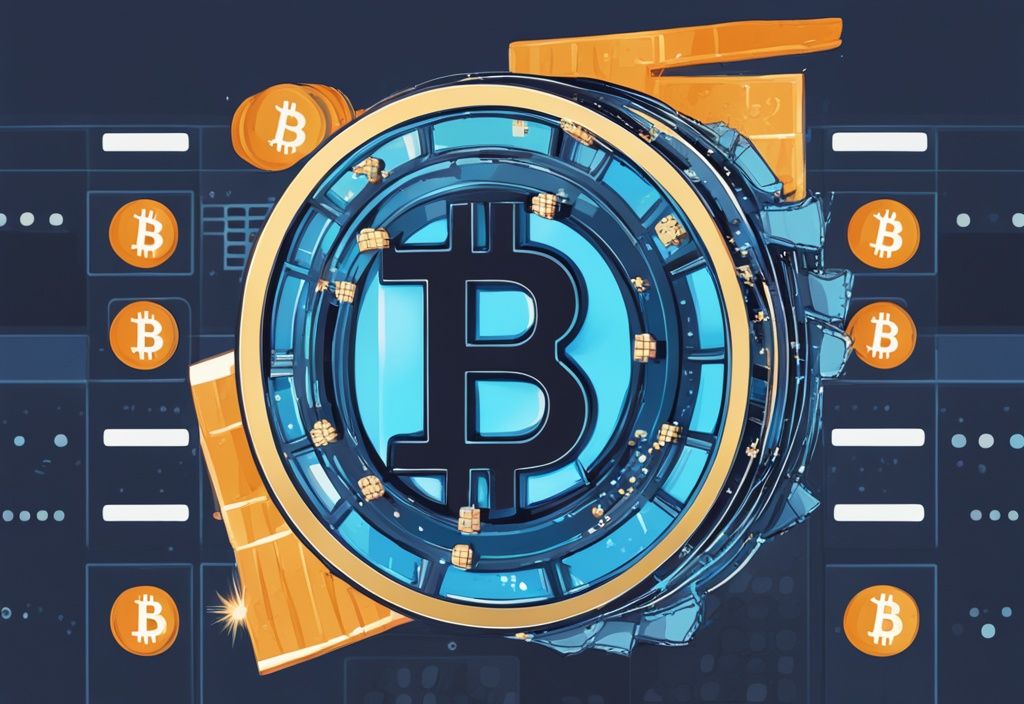 Moderne digitale Malerei mit blauem Farbschema, Filmrolle und Bitcoin-Symbolen, großer Bildschirm mit Movie2k-Logo.