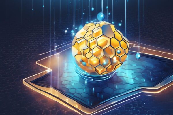 Moderne digitale Malerei mit blauem Farbschema, die eine digitale Wabenstruktur des Hive Blockchain darstellt, welche Lichtstrahlen auf eine Kristallkugel für Zukunftsprognosen wirft. Hive Blockchain Prognose