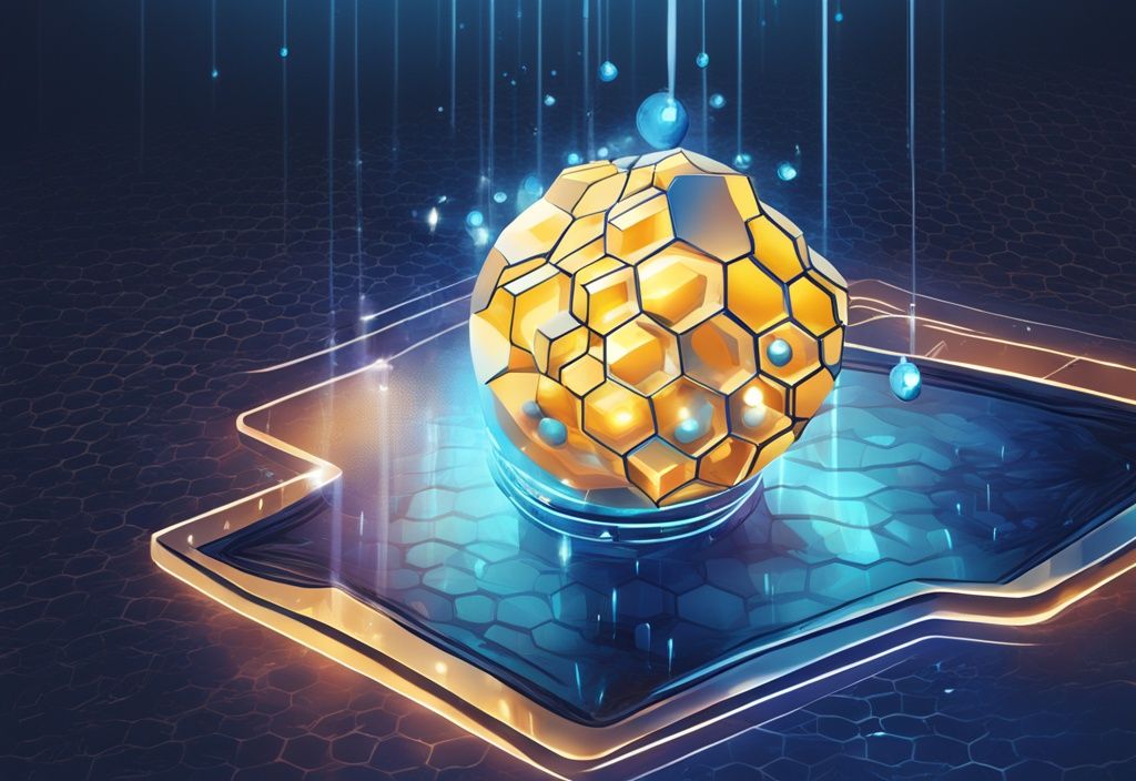 Moderne digitale Malerei mit blauem Farbschema, die eine digitale Wabenstruktur des Hive Blockchain darstellt, welche Lichtstrahlen auf eine Kristallkugel für Zukunftsprognosen wirft. Hive Blockchain Prognose