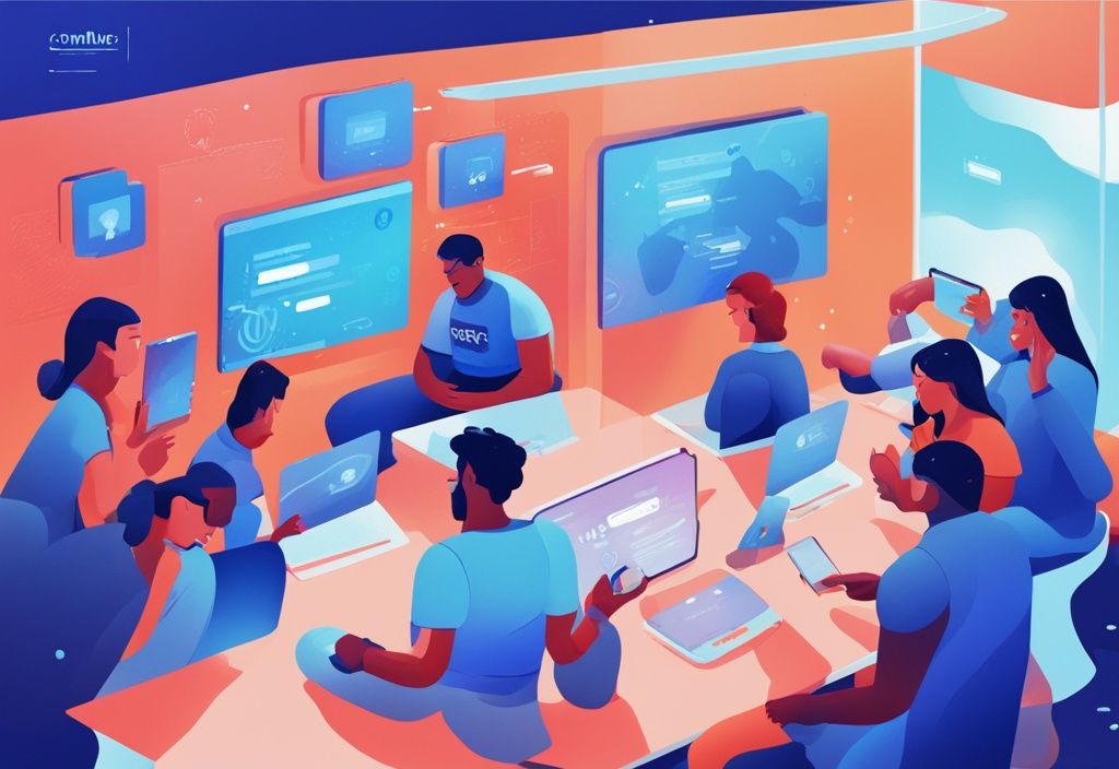 Moderne digitale Illustration mit blauem Farbschema, die eine vielfältige Gruppe von Menschen zeigt, die auf verschiedenen digitalen Geräten mit der Coinrule Plattform interagieren und ihre Coinrule Erfahrungen teilen.