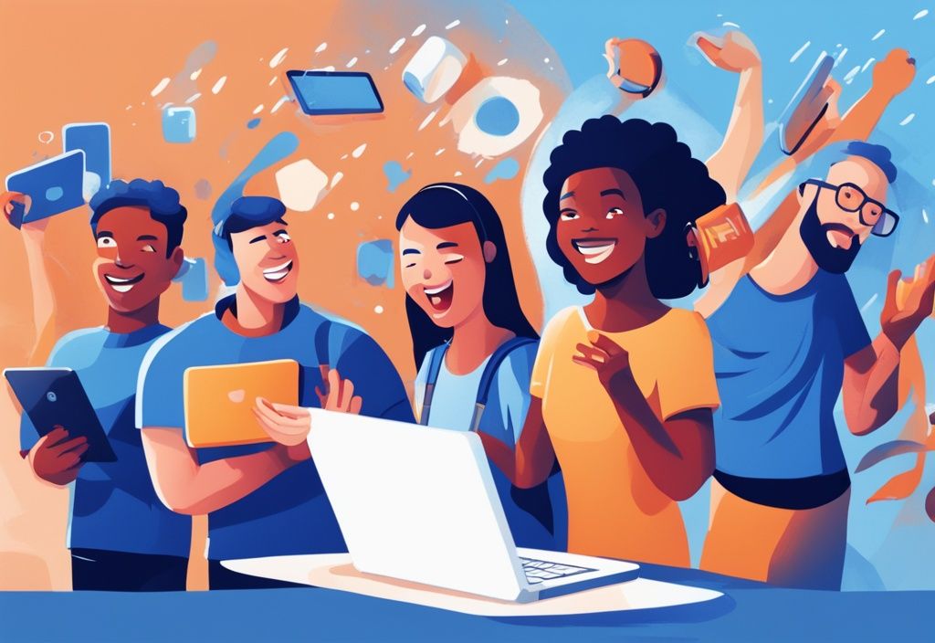 Moderne digitale Illustration mit blauem Farbschema, auf der eine diverse Gruppe von Menschen begeistert die 3Commas Erfahrungen auf Laptops, Tablets und Smartphones erkundet.
