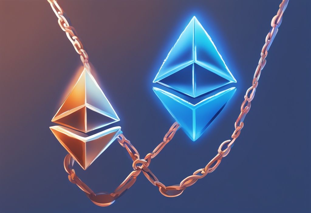 Moderne digitale Illustration in Blau, zwei Ethereum-Ketten verschmelzen symbolisch zu einer stärkeren Kette, beleuchtet von einem sanften, einladenden Glühen.