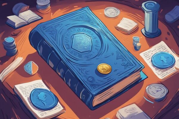 Moderne digitale Malerei mit Blau als Hauptfarbe, ein großes antikes Buch, das berühmte Memes zeigt, und eine glänzende digitale Münze mit einem Meme-Charakter-Emblem im Zentrum. was ist Book of Meme Coin