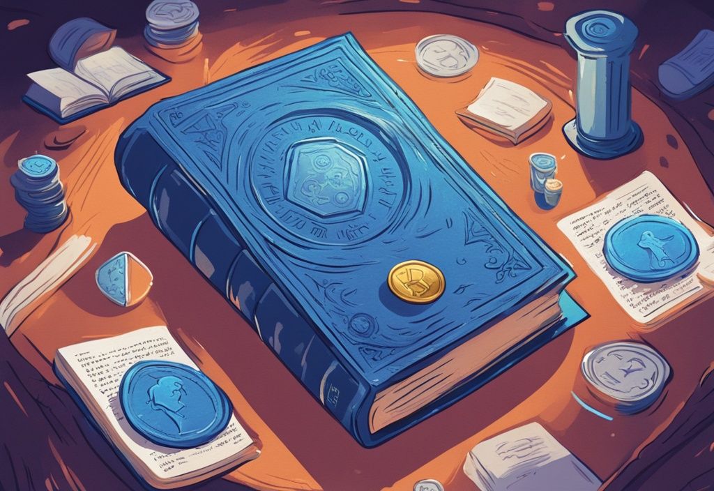 Moderne digitale Malerei mit Blau als Hauptfarbe, ein großes antikes Buch, das berühmte Memes zeigt, und eine glänzende digitale Münze mit einem Meme-Charakter-Emblem im Zentrum. was ist Book of Meme Coin