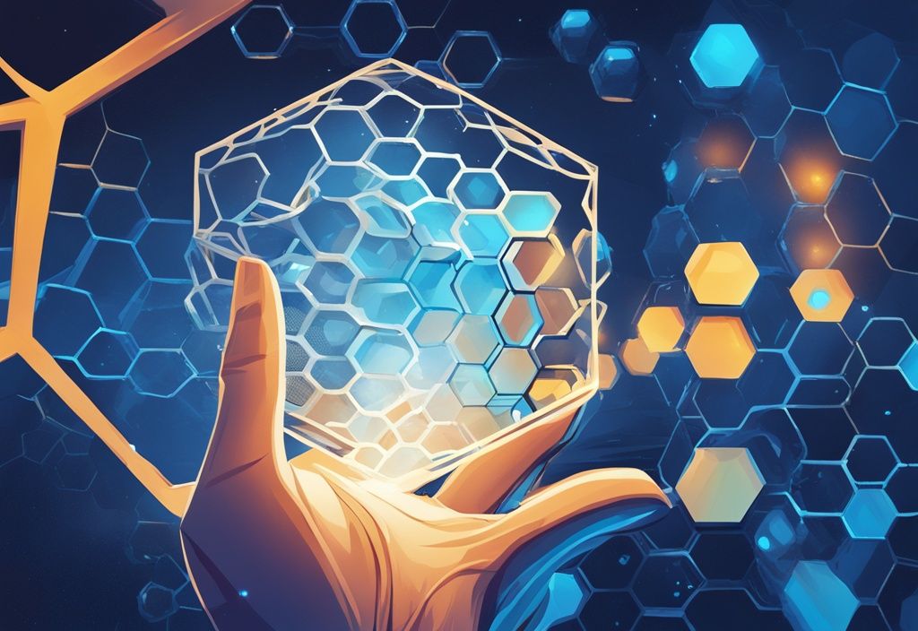 Moderne digitale Malerei mit blauem Farbschema, die eine Honigwabenstruktur des Hive Blockchain darstellt, die Lichtstrahlen auf eine Kristallkugel für zukünftige Prognosen ausstrahlt.