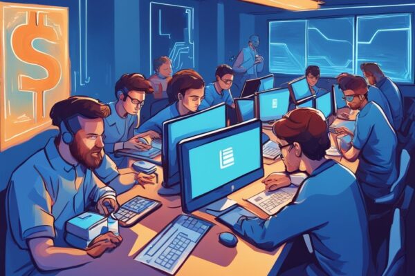 Moderne digitale Illustration mit blauem Farbschema, diverse Personen sitzen um einen Tisch mit Computern und beschäftigen sich intensiv mit Kryptowährungs-Staking, was ist Staking.