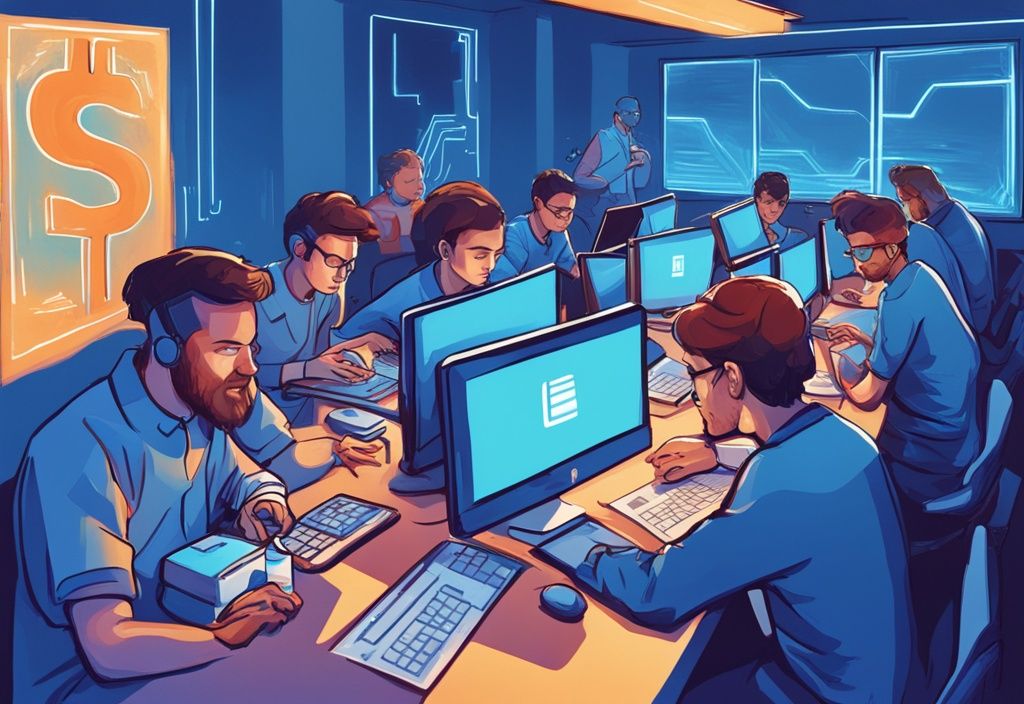 Moderne digitale Illustration mit blauem Farbschema, diverse Personen sitzen um einen Tisch mit Computern und beschäftigen sich intensiv mit Kryptowährungs-Staking, was ist Staking.