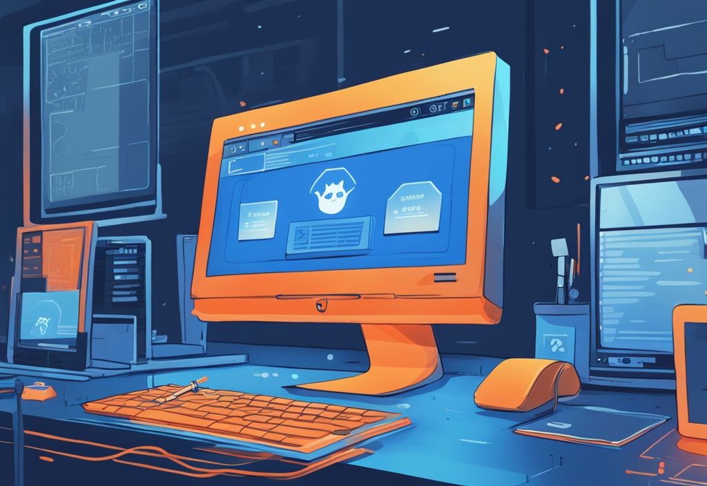 Moderne digitale Illustration eines Computerbildschirms mit der MetaMask-Website, die den Prozess zum Geldabheben zeigt, Hauptfarbthema Blau.