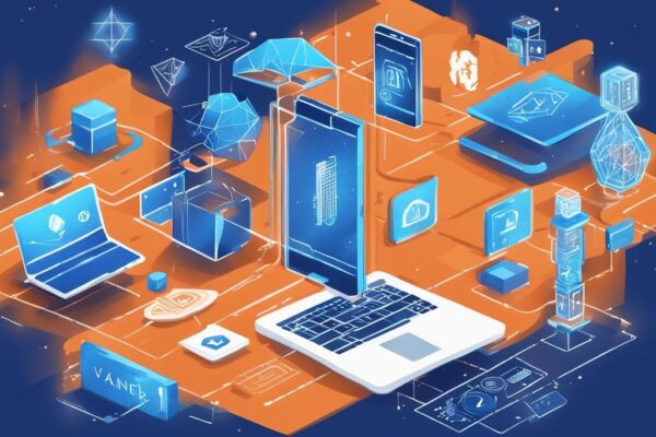 Discover VanEck Crypto und Blockchain Innovators UCITS ETF heute! Moderne digitale Malerei mit blauem Farbschema, die Blockchain- und Krypto-Symbole zeigt, zentrales ETF-Logo für VanEck Crypto und Blockchain Innovators UCITS ETF.