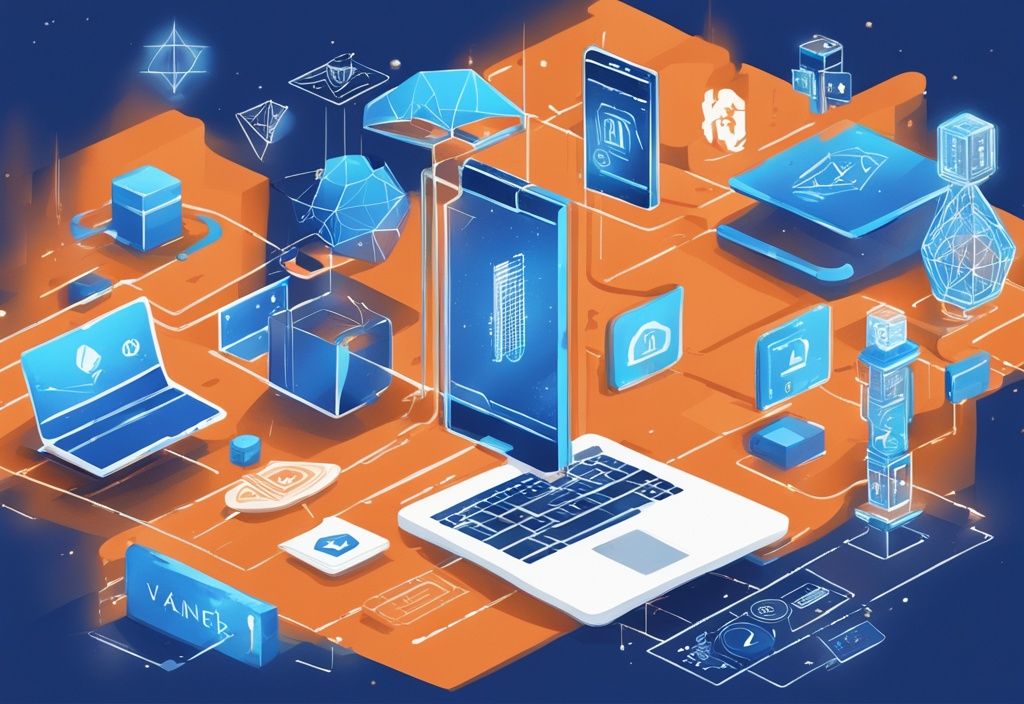 Moderne digitale Malerei mit blauem Farbschema, die Blockchain- und Krypto-Symbole zeigt, zentrales ETF-Logo für VanEck Crypto und Blockchain Innovators UCITS ETF.