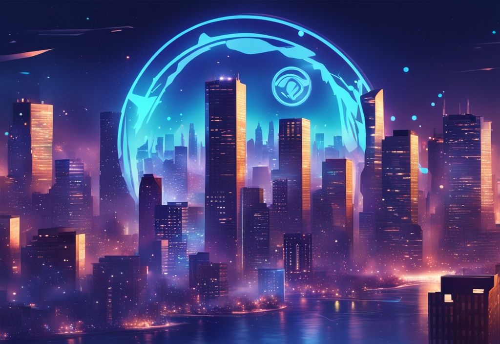 Digitale Illustration einer Enjin-Münze über einer nächtlichen Stadtlandschaft mit blauem Farbschema und Lichtpartikeln.