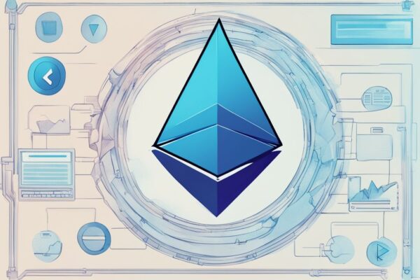 Ethereum EIP-1559 erklärt: Effizienz und Vorteile in der Blockchain Digitale Illustration des Ethereum-Symbols mit einem Flussdiagramm im Hintergrund, das Ethereum EIP-1559 erklärt.