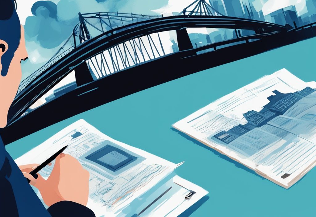 Moderne digitale Illustration in Blau mit einer Person, die Dokumente zur Kapitalertragssteuer analysiert, im Hintergrund irische Wahrzeichen wie die Ha'Penny Bridge und das Dublin Castle.