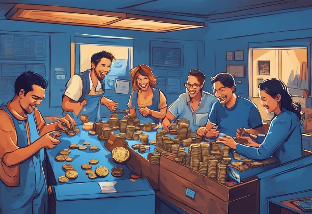 Moderne digitale Illustration mit blauem Farbschema, die eine Gruppe von Personen zeigt, die mit Begeisterung und Entdeckung Münzen sammeln und handeln; Coinpanion Erfahrungen.