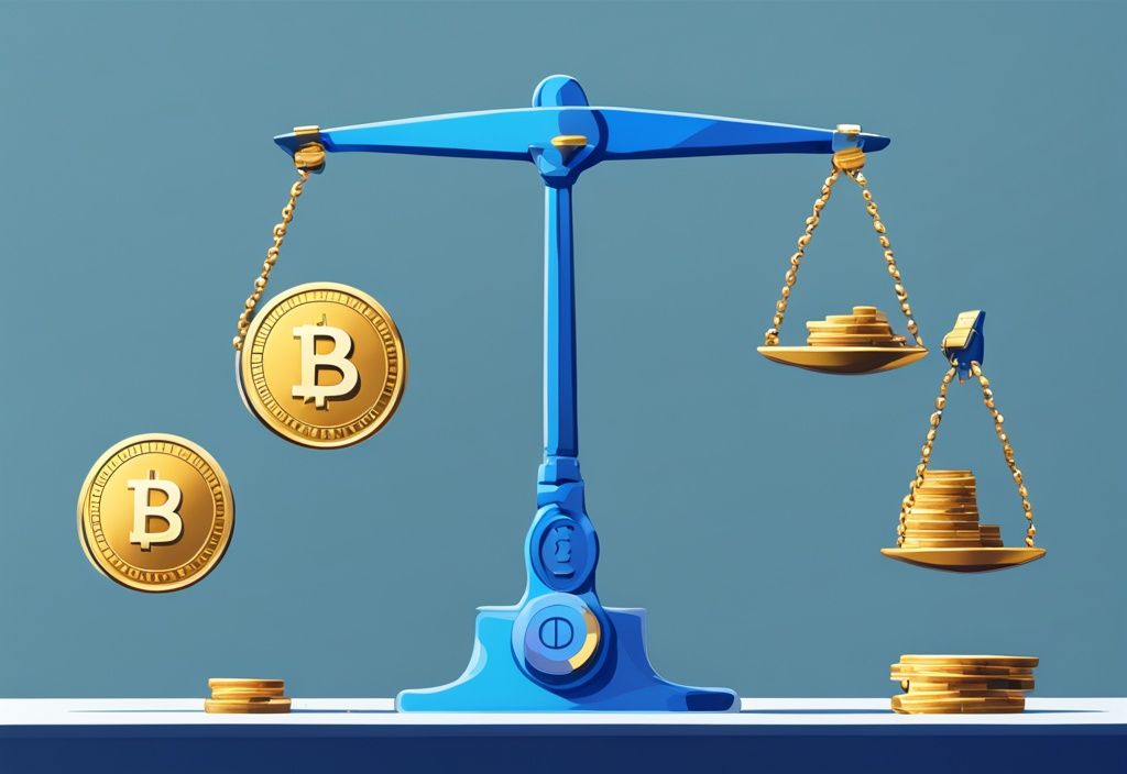 Moderne digitale Illustration mit blauem Farbthema, eine Waage mit Goldmünzen und einer Kryptowährungsmünze, die zeigt, dass sich Staking lohnt.