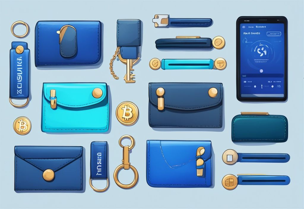 Moderne digitale Malerei, blaue Farbthematik, mehrere Krypto Wallets in einer Reihe, Infografiken mit Hauptmerkmalen und Vergleichen, Krypto Wallet Vergleich