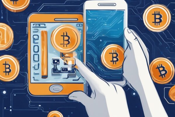 Moderne digitale Illustration, zwei Hände nutzen ein Smartphone, um Krypto zu versenden, symbolisiert durch das Bitcoin-Logo, zu einem entfernten Smartphone.