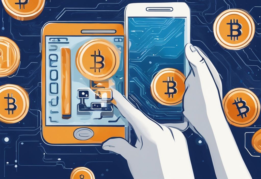 Moderne digitale Illustration, zwei Hände nutzen ein Smartphone, um Krypto zu versenden, symbolisiert durch das Bitcoin-Logo, zu einem entfernten Smartphone.