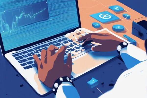 Wie kaufe ich Kryptowährung: Schneller Leitfaden für Einsteiger Moderne digitale Illustration mit blauer Farbgebung, Hände nutzen Laptop mit Kryptowährungsbörse auf dem Bildschirm, wie kaufe ich Kryptowährung